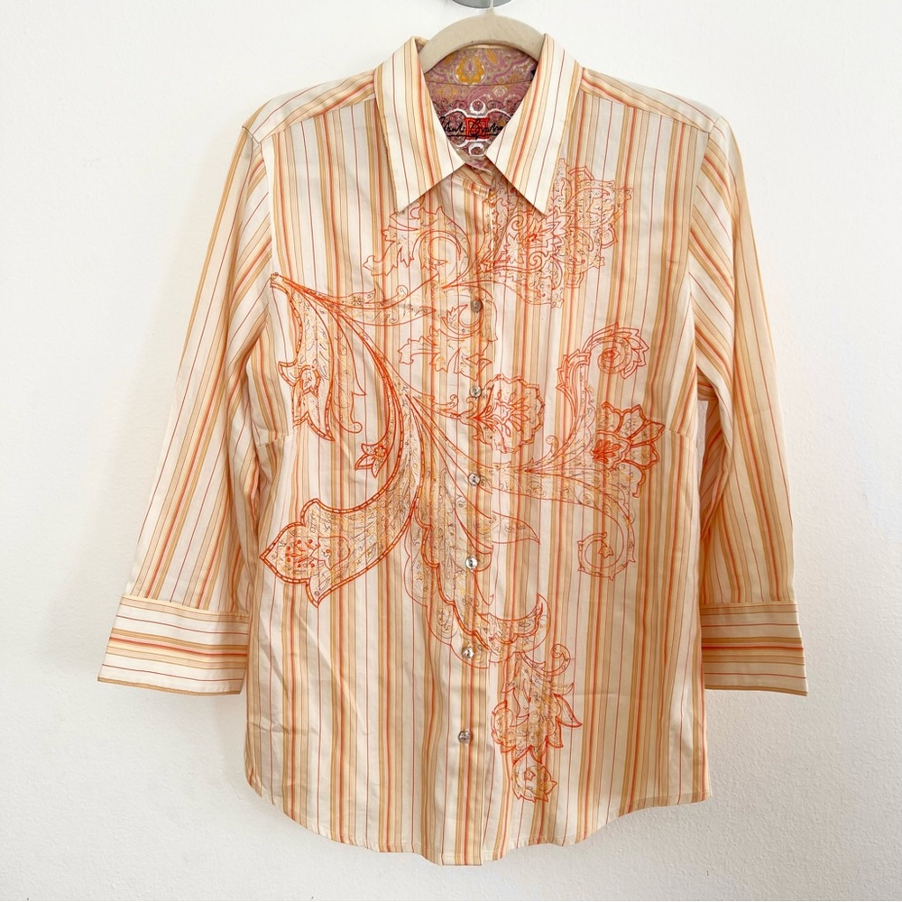ROBERT GRAHAM Stripe & Embroidered Button Down Shirt, 3/4 Sleeves, Peach
